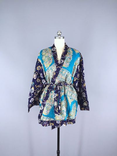 Blue Pansy Embroidered Silk Chiffon Kimono Cardigan made from a Vintage Indian Sari - ThisBlueBird