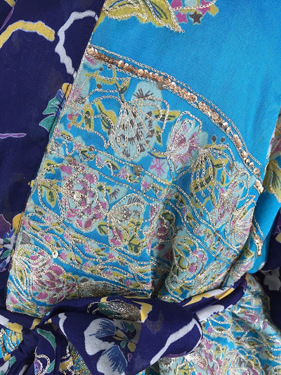 Blue Pansy Embroidered Silk Chiffon Kimono Cardigan made from a Vintage Indian Sari - ThisBlueBird