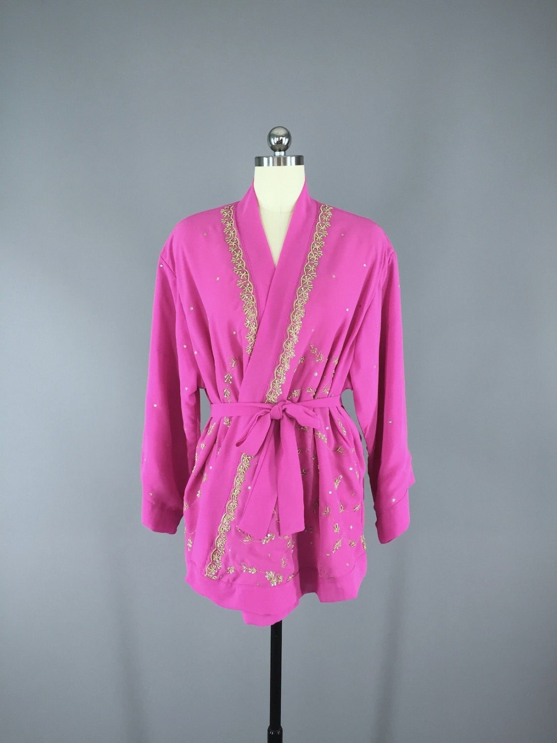 Bright Pink Georgette Kimono Cardigan made from a Vintage Indian Sari - ThisBlueBird
