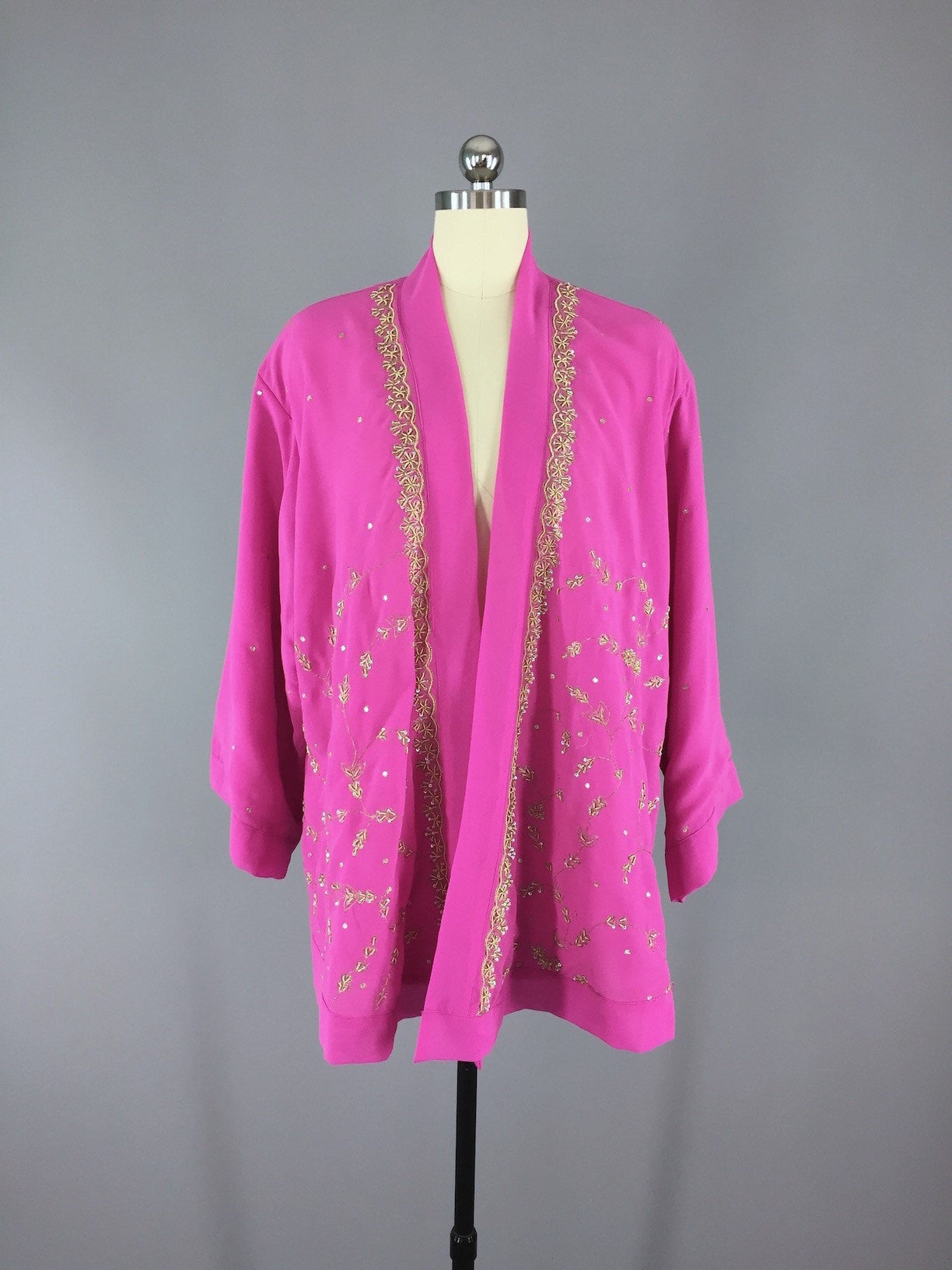 Bright Pink Georgette Kimono Cardigan made from a Vintage Indian Sari - ThisBlueBird