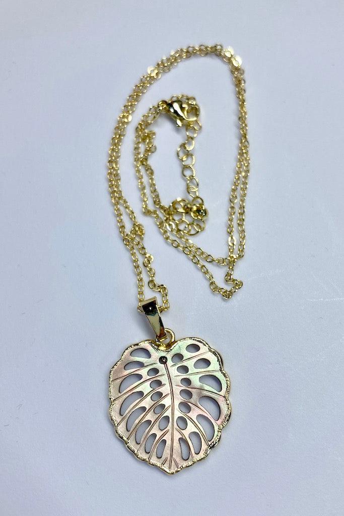 Carved Shell Monstera Leaf Necklace-ThisBlueBird