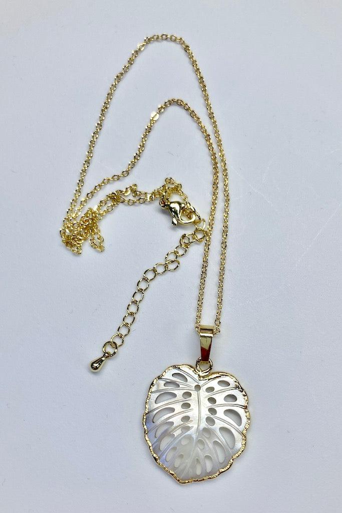 Carved Shell Monstera Leaf Necklace-ThisBlueBird
