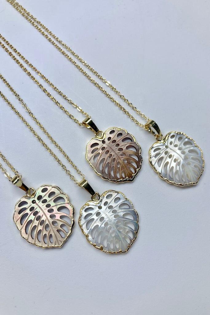 Carved Shell Monstera Leaf Necklace-ThisBlueBird