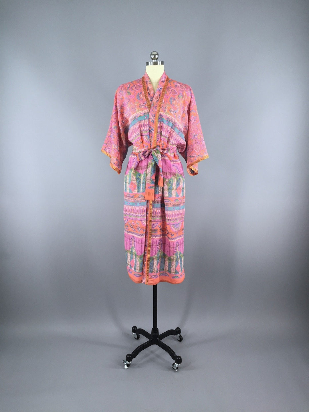 Chiffon Sari Robe / Coral Pink Green Floral - ThisBlueBird
