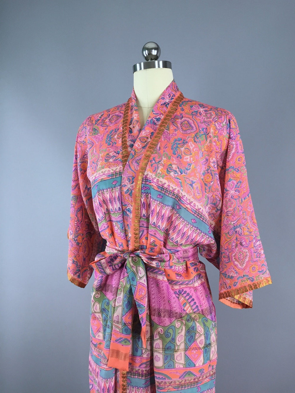 Chiffon Sari Robe / Coral Pink Green Floral - ThisBlueBird