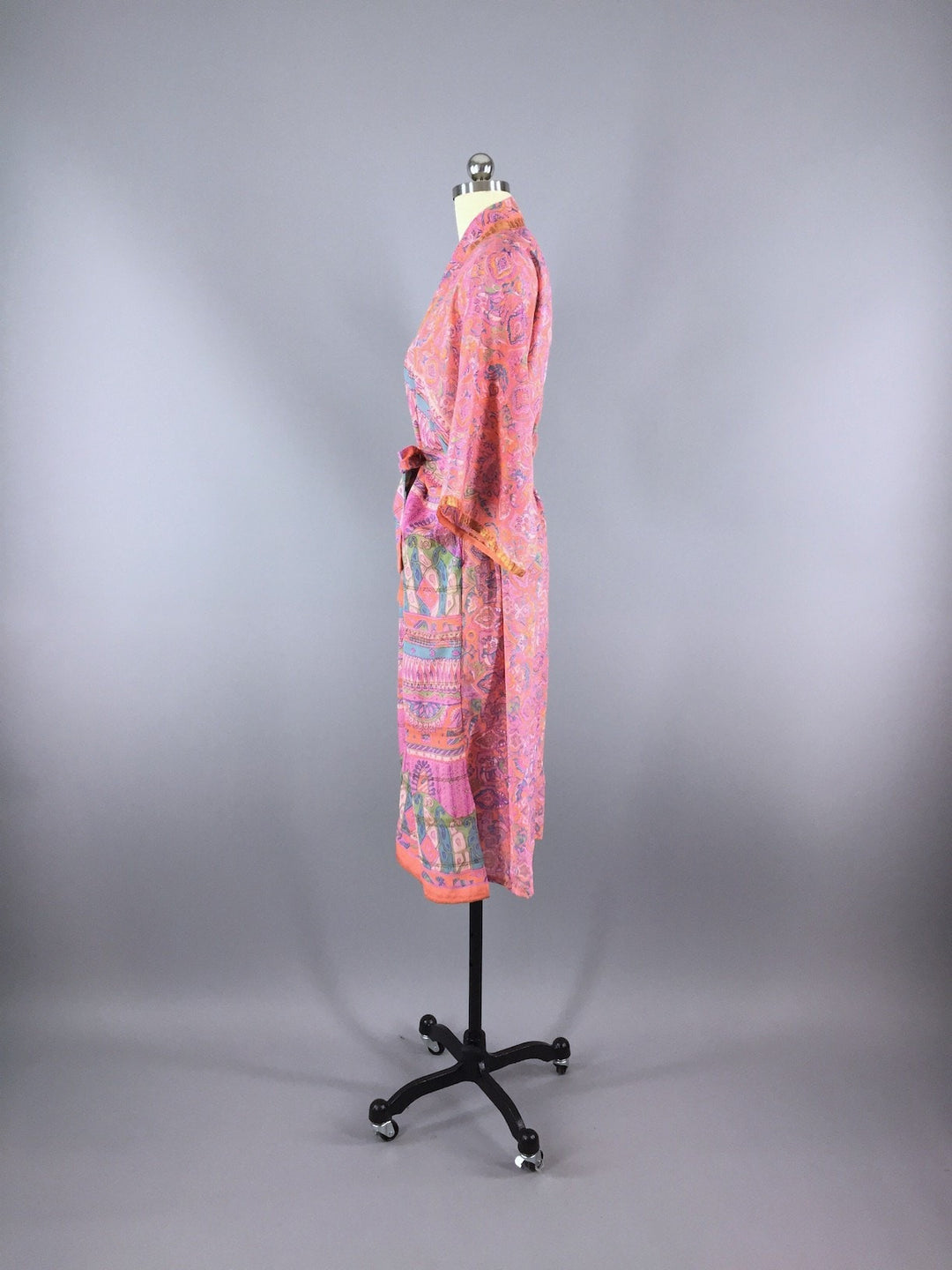 Chiffon Sari Robe / Coral Pink Green Floral - ThisBlueBird