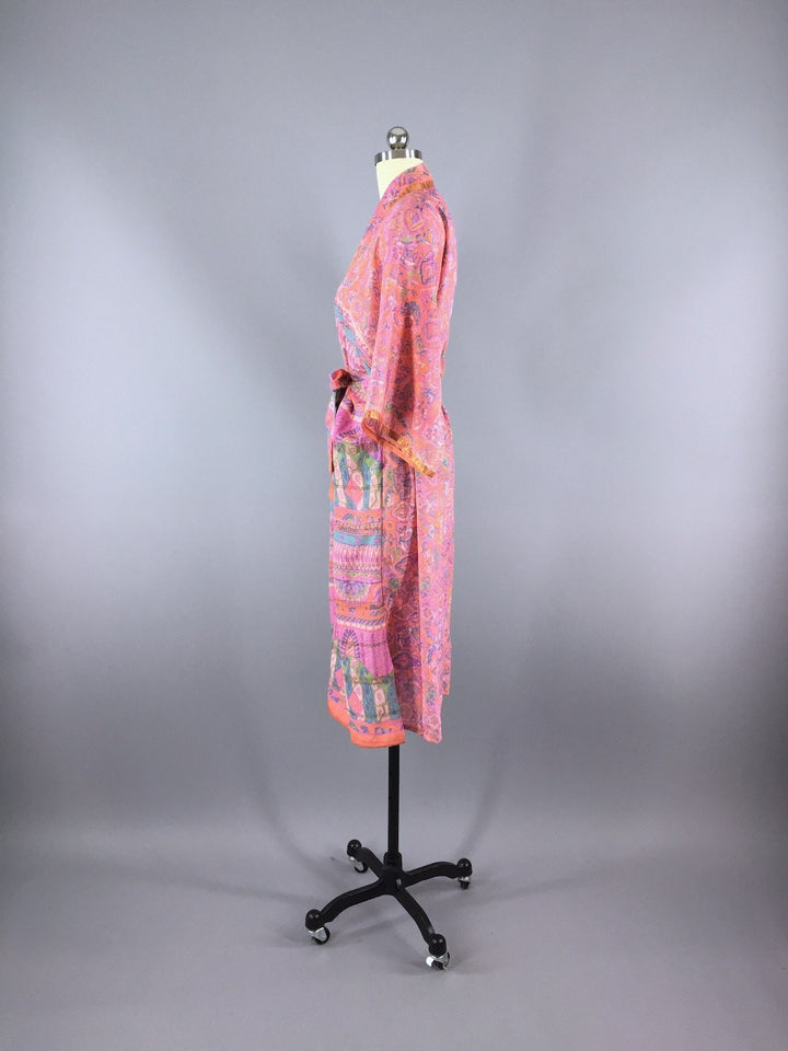 Chiffon Sari Robe / Coral Pink Green Floral - ThisBlueBird