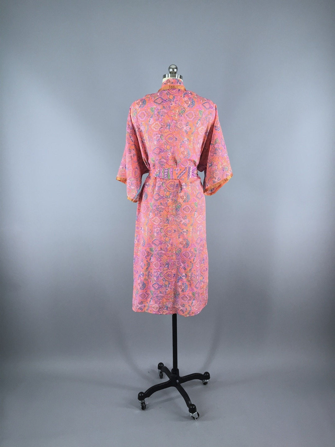 Chiffon Sari Robe / Coral Pink Green Floral - ThisBlueBird