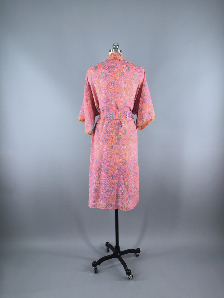 Chiffon Sari Robe / Coral Pink Green Floral - ThisBlueBird
