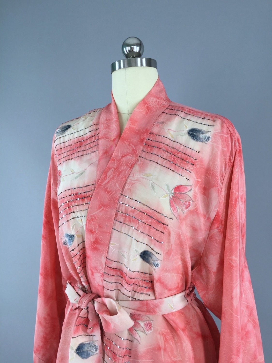 Coral Pink Floral Silk Kimono Cardigan Jacket made from a Vintage Indian Sari - ThisBlueBird