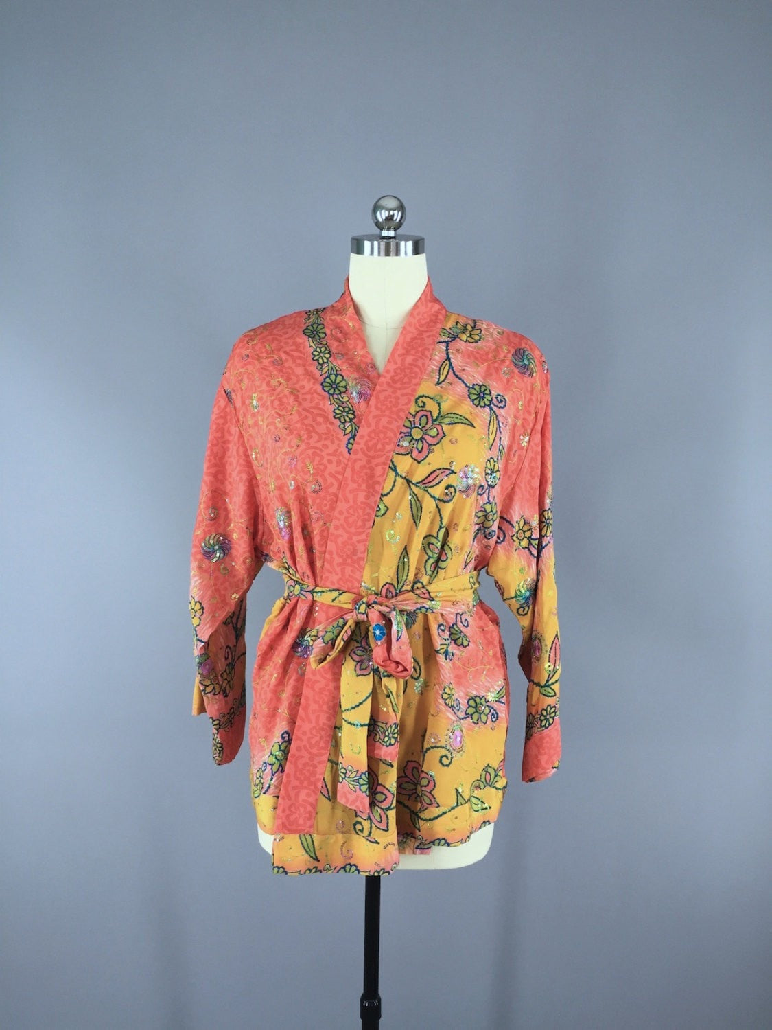 Coral Yellow Embroidered Silk Kimono Cardigan made from a Vintage Indian Sari - ThisBlueBird
