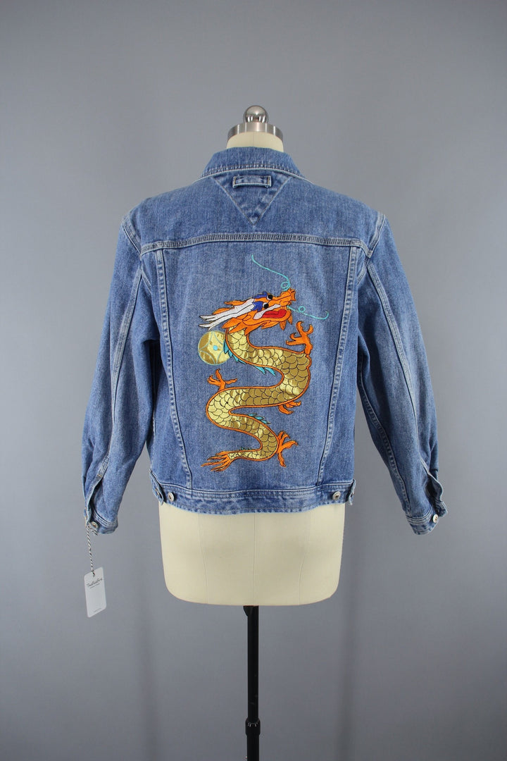 Denim Jean Jacket with Golden Dragon Embroidered Patch - ThisBlueBird