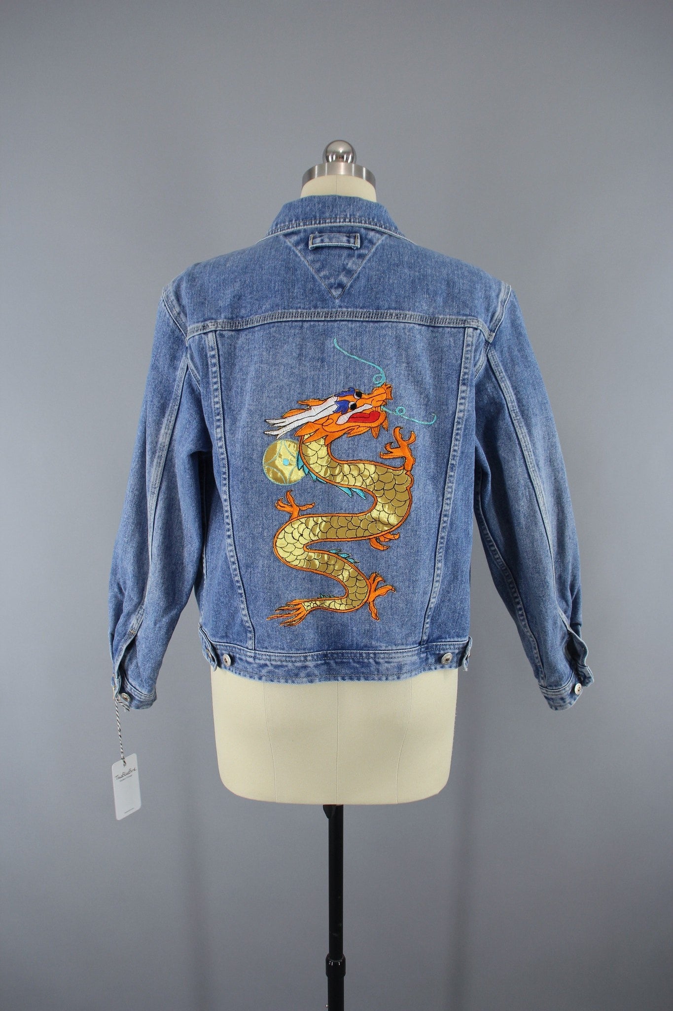 Denim Jean Jacket with Golden Dragon Embroidered Patch - ThisBlueBird