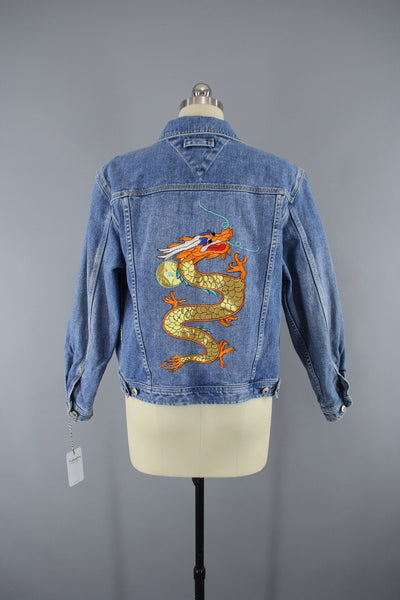 Denim Jean Jacket with Golden Dragon Embroidered Patch - ThisBlueBird