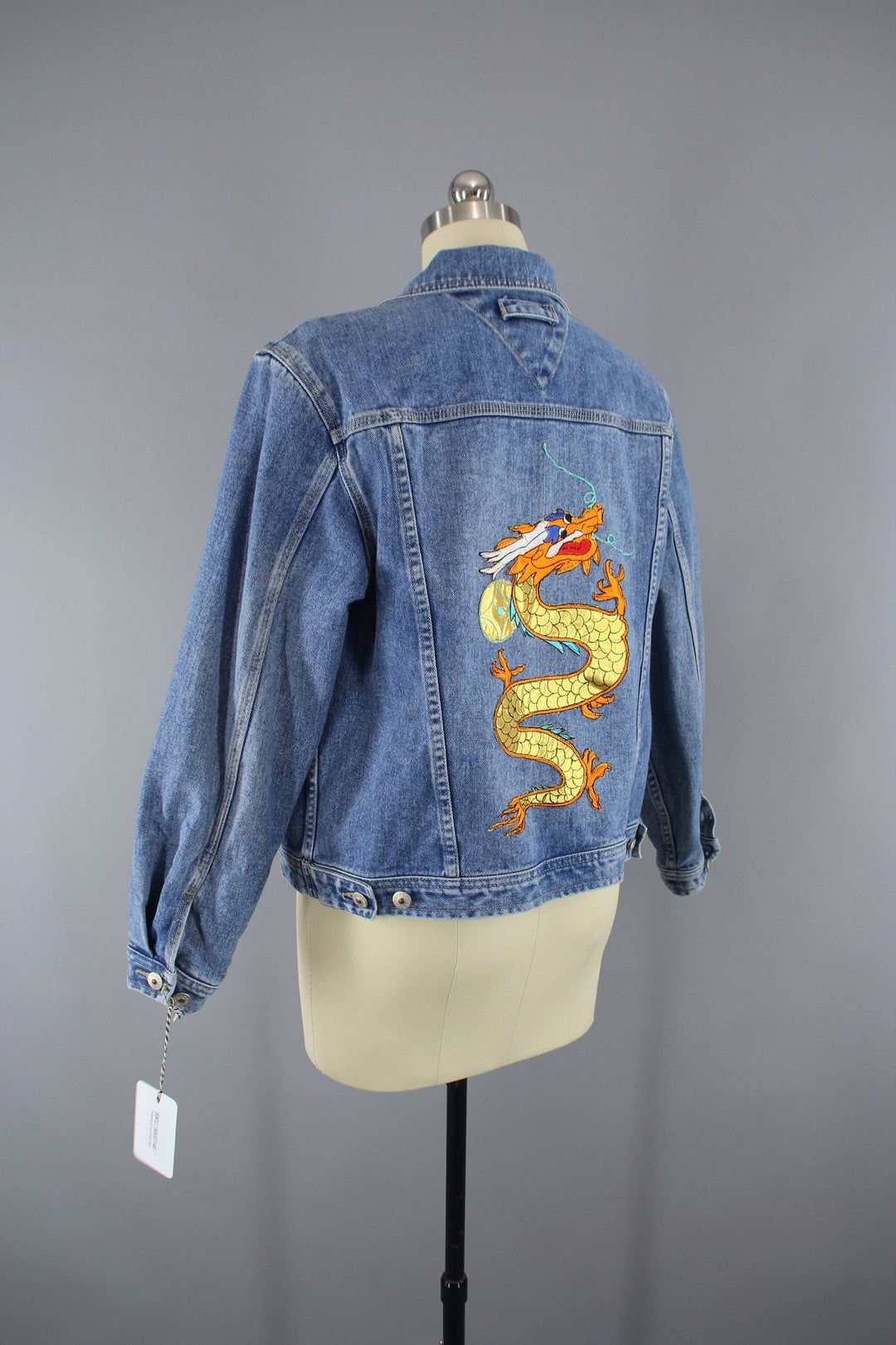 Denim Jean Jacket with Golden Dragon Embroidered Patch - ThisBlueBird