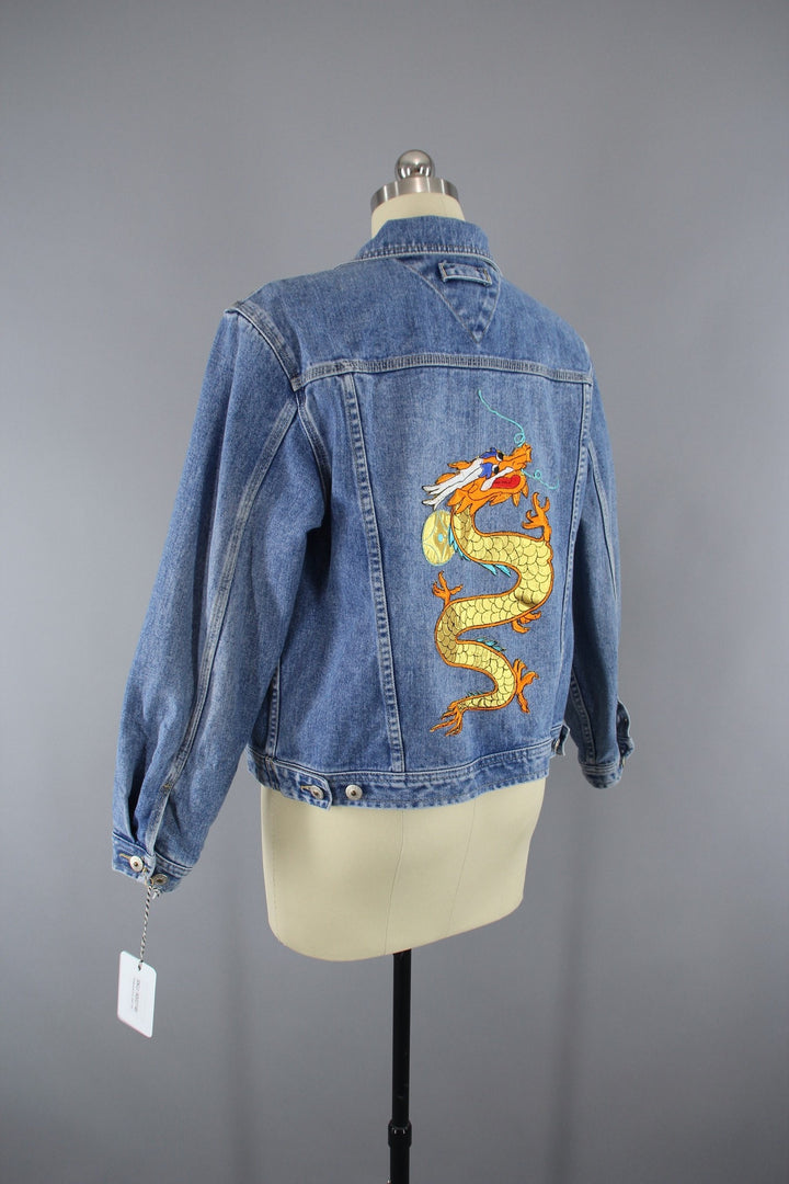 Denim Jean Jacket with Golden Dragon Embroidered Patch - ThisBlueBird