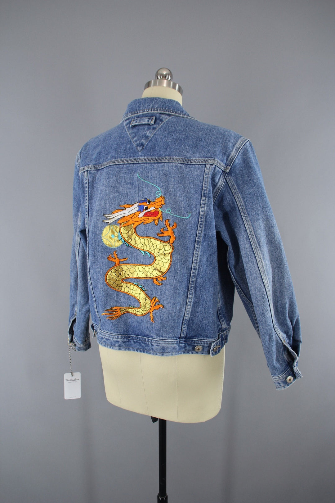 Denim Jean Jacket with Golden Dragon Embroidered Patch - ThisBlueBird