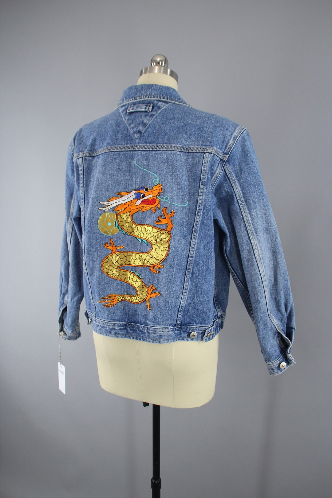 Denim Jean Jacket with Golden Dragon Embroidered Patch - ThisBlueBird