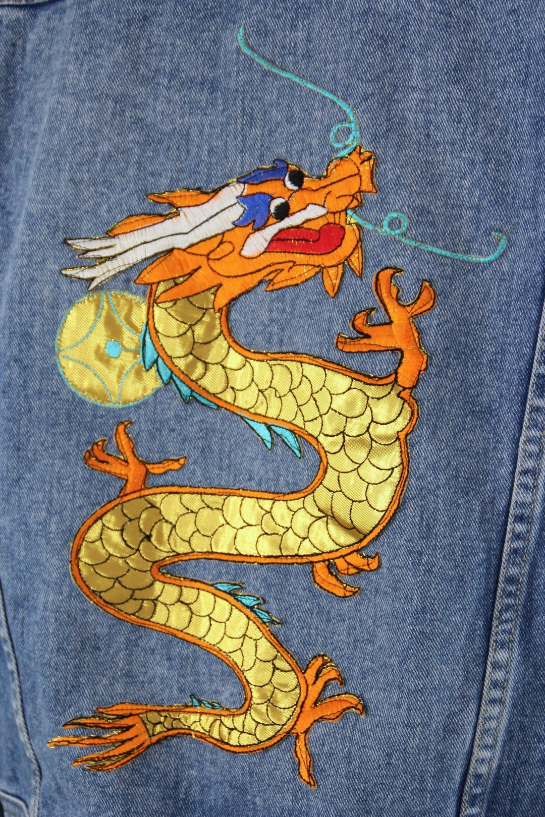 Denim Jean Jacket with Golden Dragon Embroidered Patch - ThisBlueBird