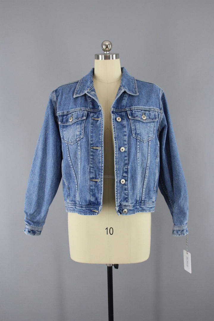 Denim Jean Jacket with Golden Dragon Embroidered Patch - ThisBlueBird