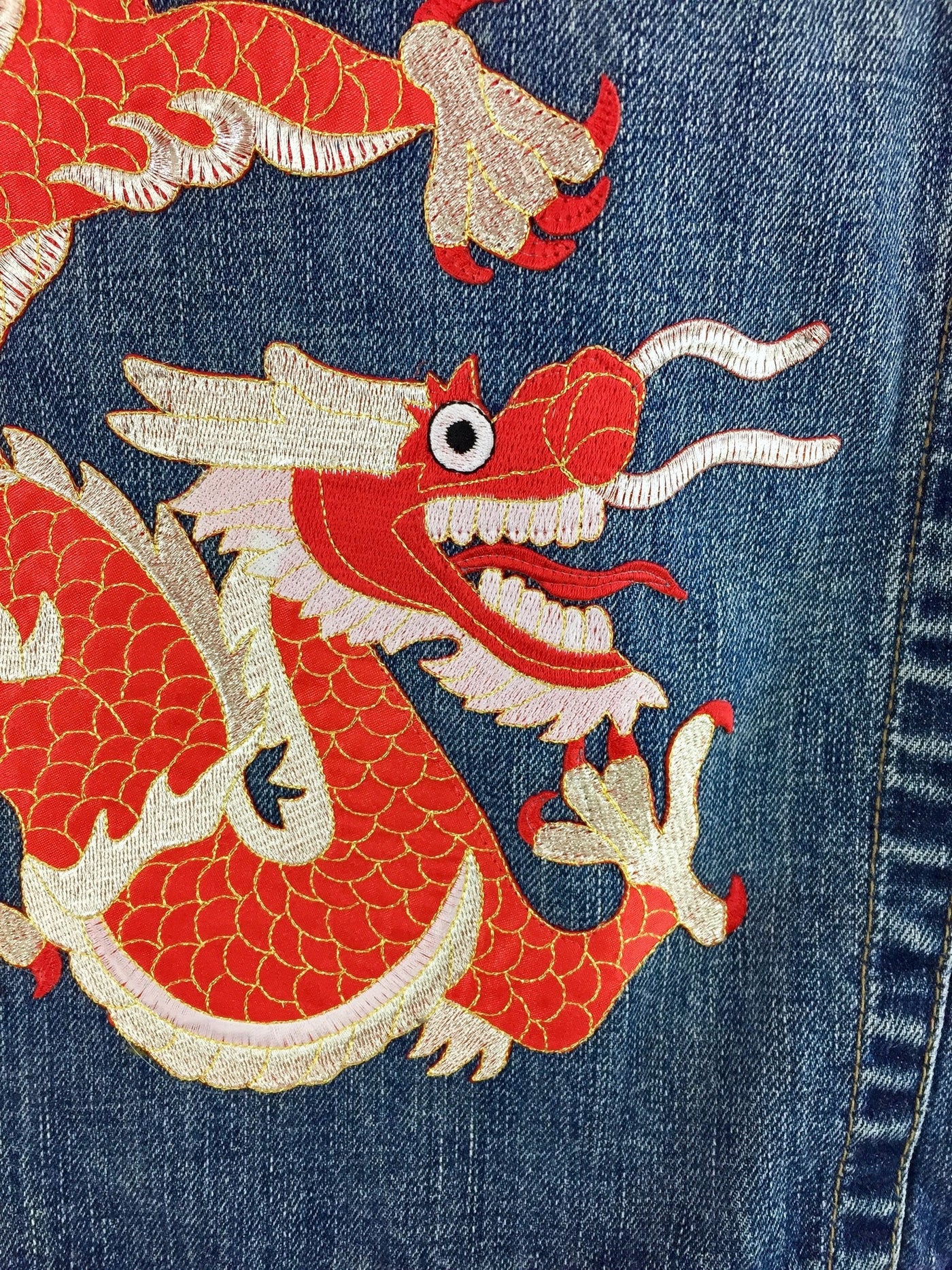 Denim Jean Jacket with Red Asian DRAGON Embroidery Appliqué - ThisBlueBird