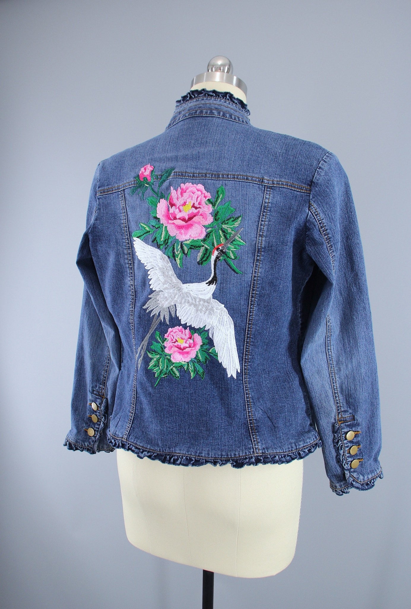 Embroidered Denim Jacket / Asian Crane Bird & Peony Floral Embroidery ...