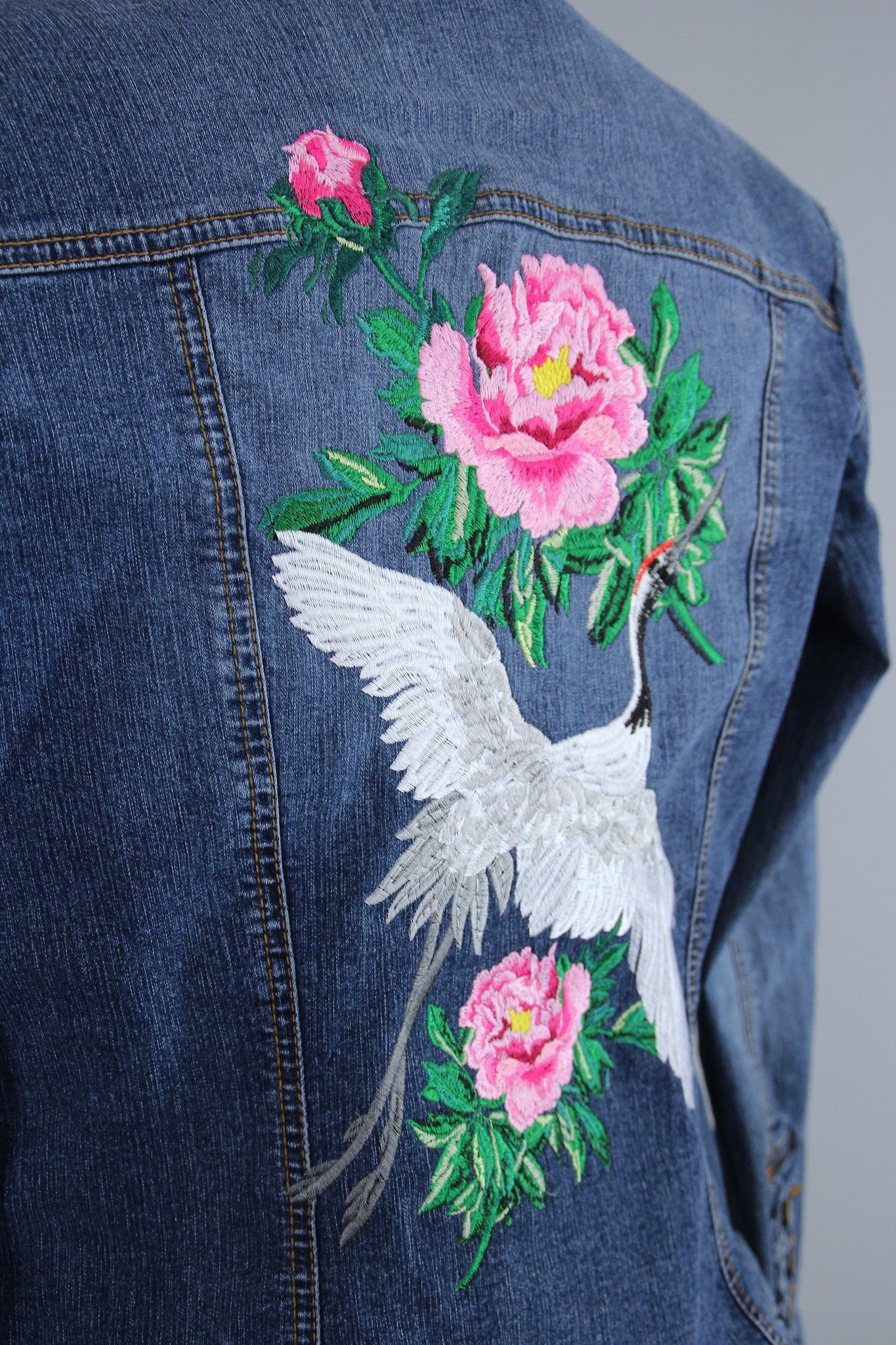 Embroidered Denim Jacket / Asian Crane Bird & Peony Floral Embroidery - ThisBlueBird