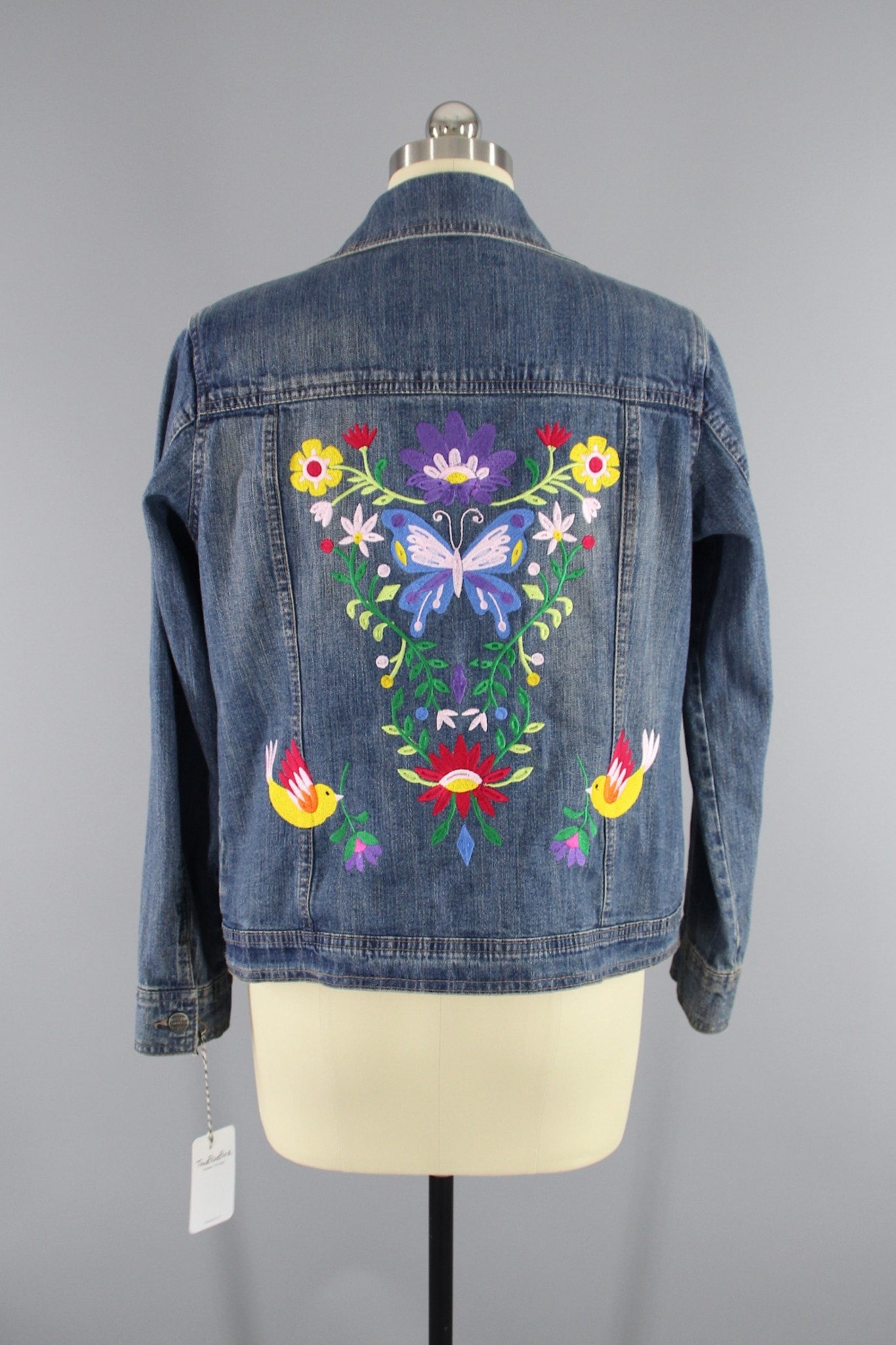 Embroidered Denim Jacket / Butterfly Birds Floral Folk Embroidery - ThisBlueBird