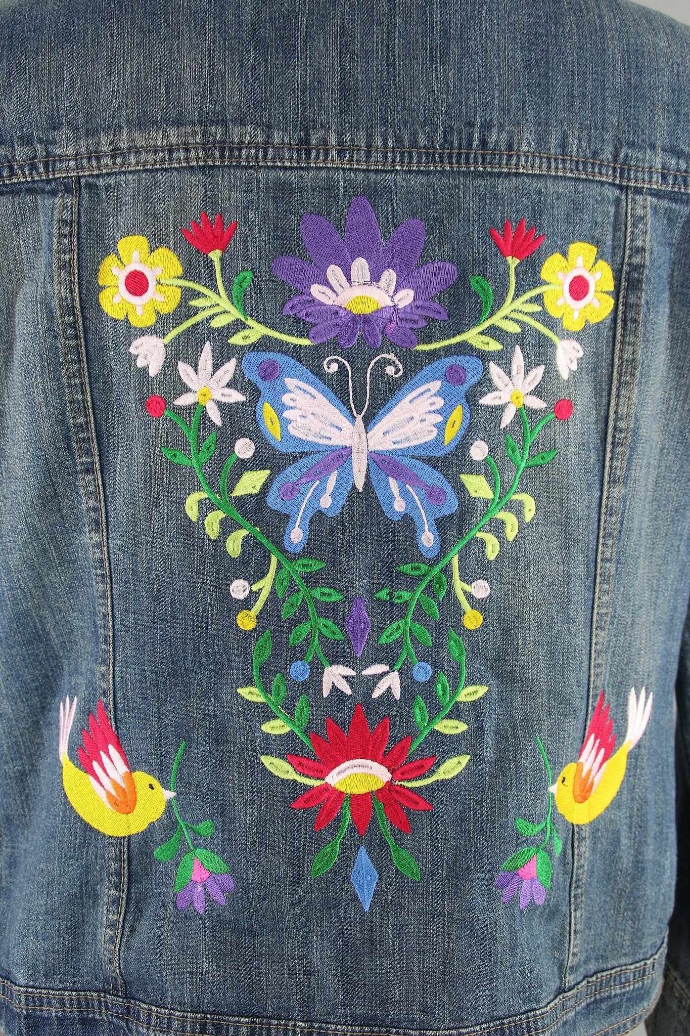 Embroidered Denim Jacket / Butterfly Birds Floral Folk Embroidery - ThisBlueBird