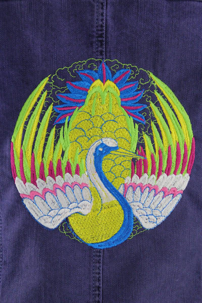 Embroidered Denim Jean Jacket / Asian Crane Phoenix Bird Embroidery - ThisBlueBird
