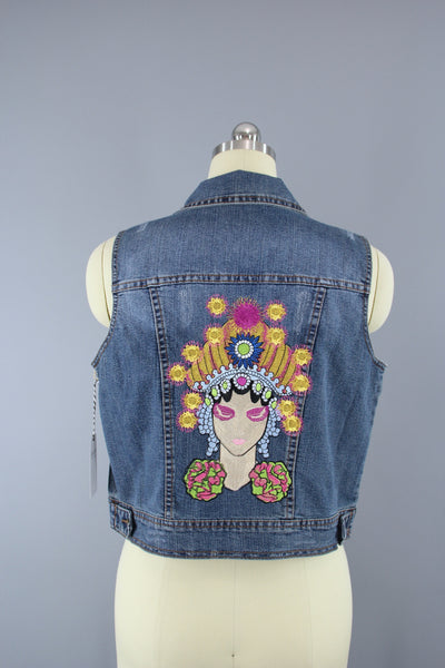 Embroidered Denim Vest Jacket / Fortune Teller Gypsy Embroidery - ThisBlueBird