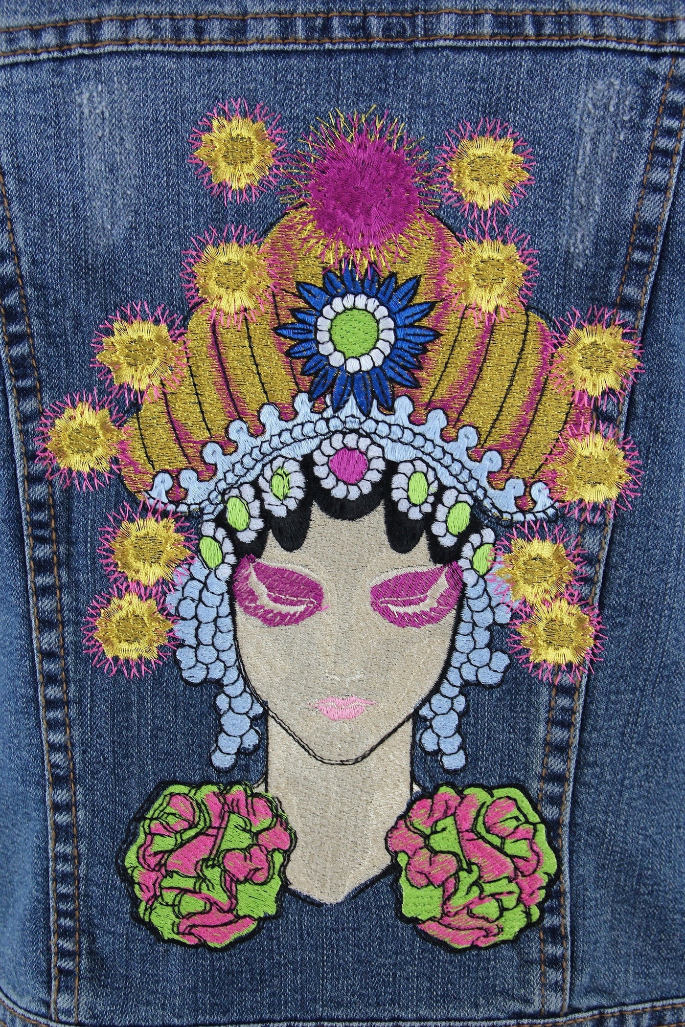 Embroidered Denim Vest Jacket / Fortune Teller Gypsy Embroidery - ThisBlueBird