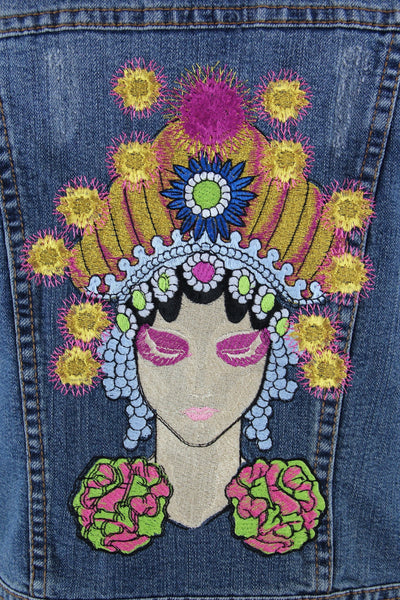 Embroidered Denim Vest Jacket / Fortune Teller Gypsy Embroidery - ThisBlueBird