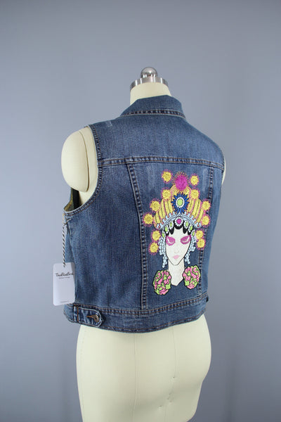 Embroidered Denim Vest Jacket / Fortune Teller Gypsy Embroidery - ThisBlueBird