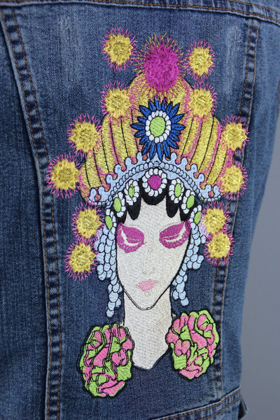 Embroidered Denim Vest Jacket / Fortune Teller Gypsy Embroidery - ThisBlueBird