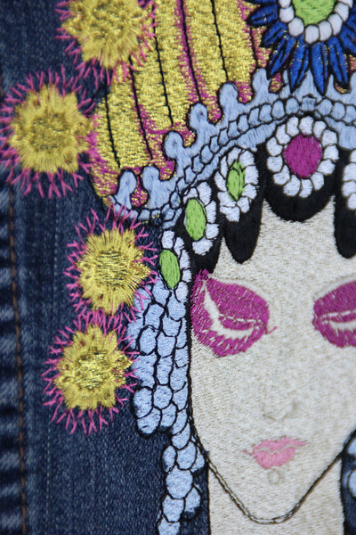 Embroidered Denim Vest Jacket / Fortune Teller Gypsy Embroidery - ThisBlueBird