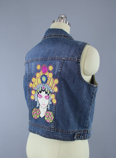 Embroidered Denim Vest Jacket / Fortune Teller Gypsy Embroidery - ThisBlueBird