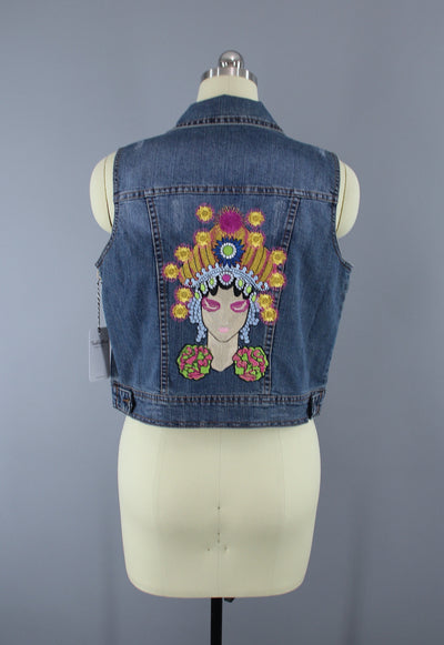 Embroidered Denim Vest Jacket / Fortune Teller Gypsy Embroidery - ThisBlueBird