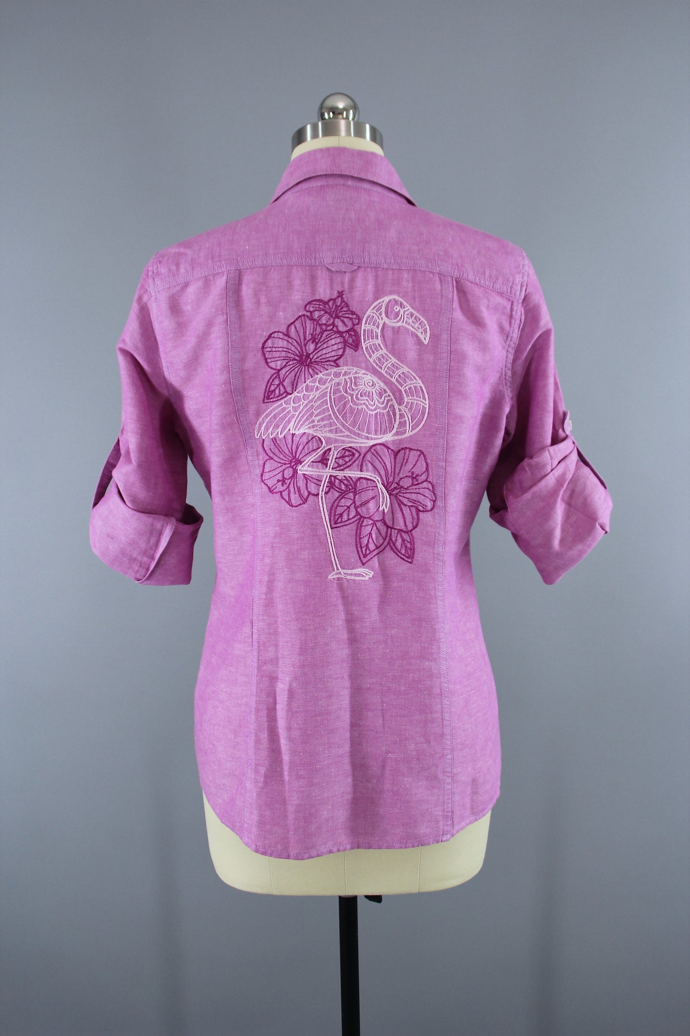 Embroidered Linen Shirt / Pink Flamingo Preppy Embroidery - ThisBlueBird