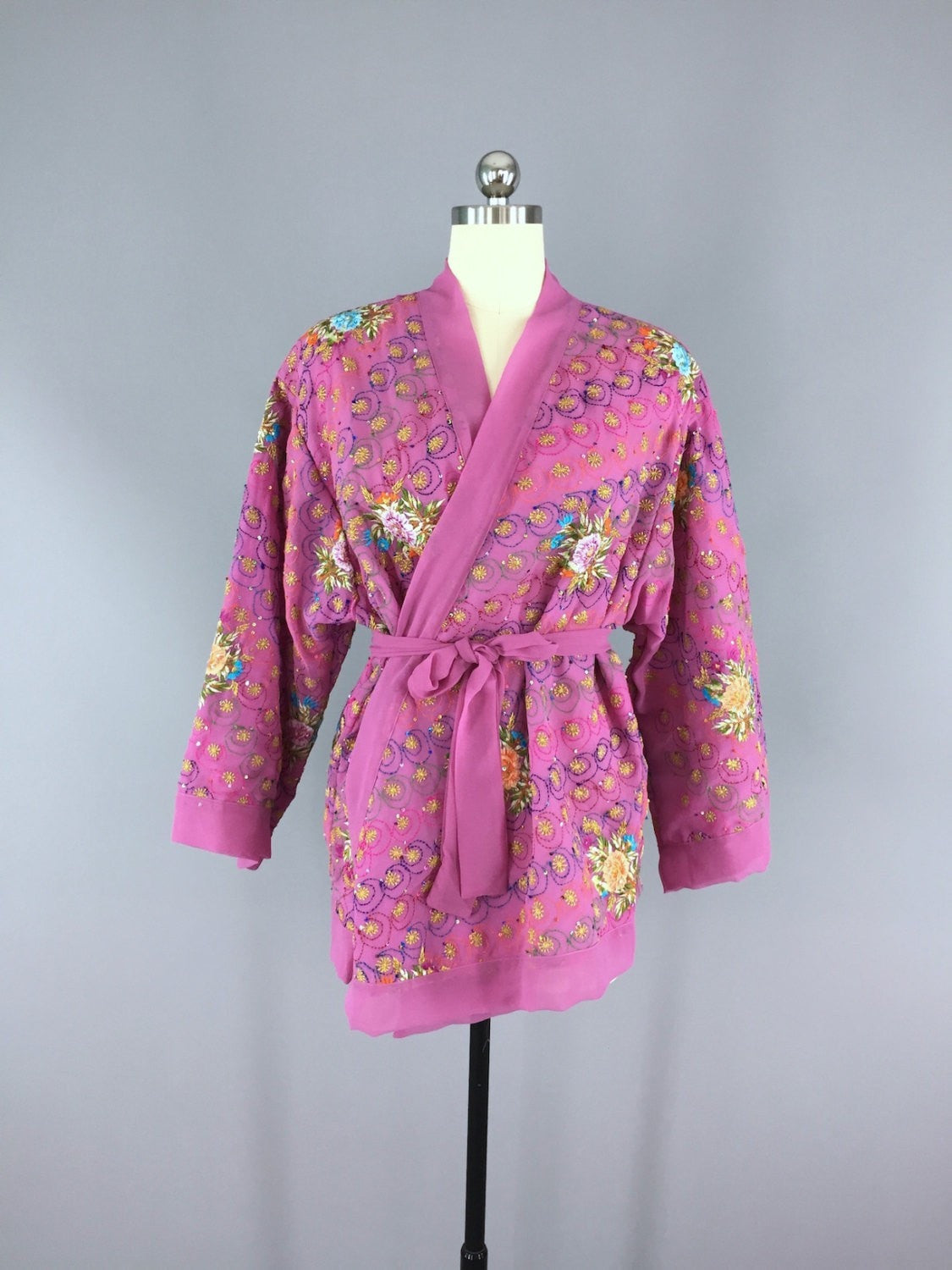 Embroidered Pink Orchid Silk Chiffon Kimono Cardigan Vintage Indian Sa ...