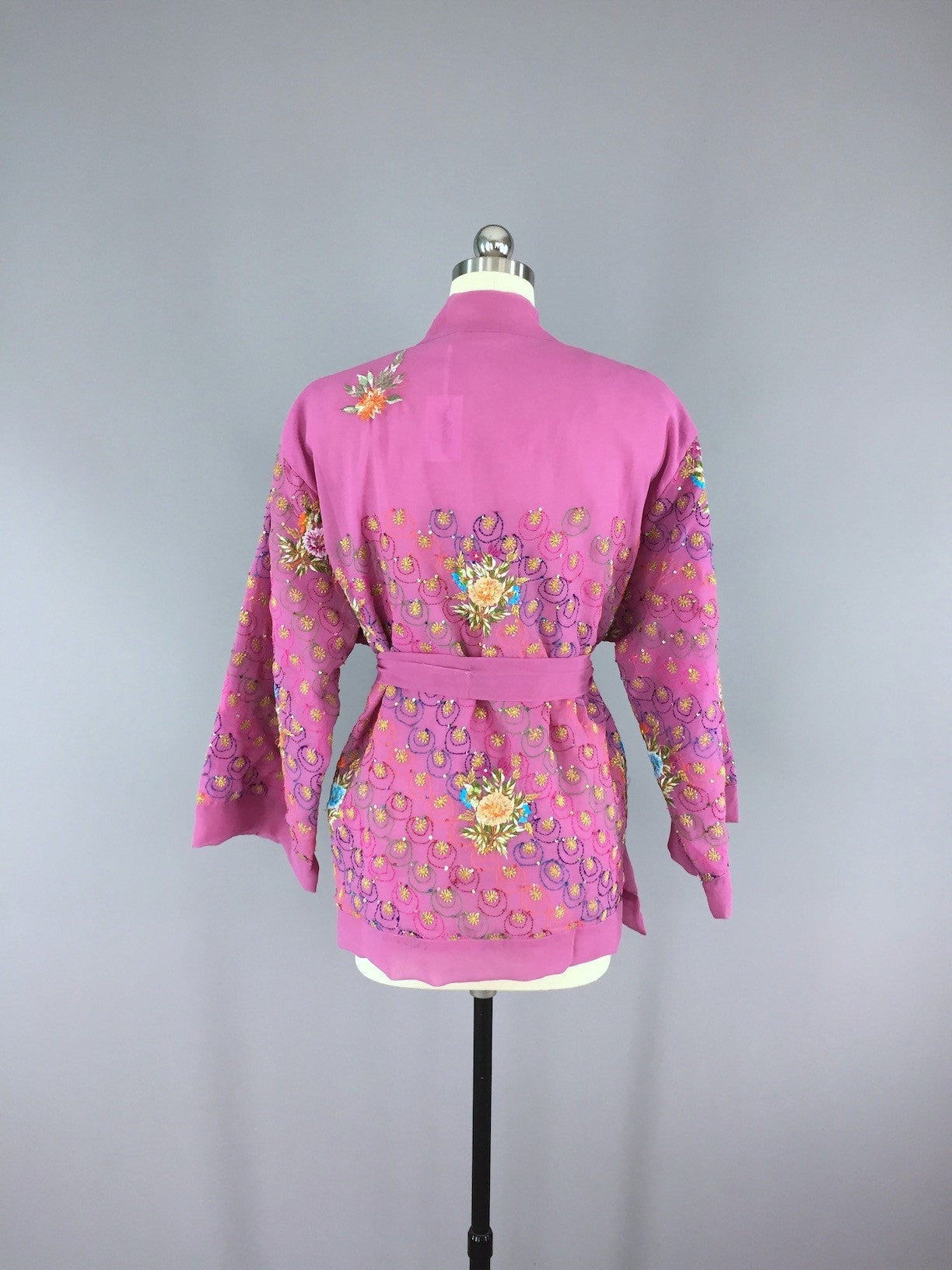 Embroidered Pink Orchid Silk Chiffon Kimono Cardigan Vintage Indian Sa ...