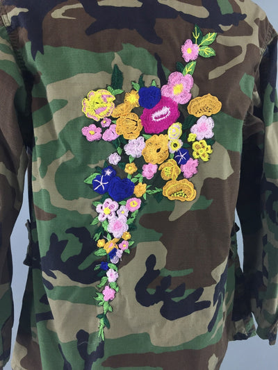 Embroidered US Army Camouflage Jacket / Military Style Coat with Floral Embroidery - ThisBlueBird