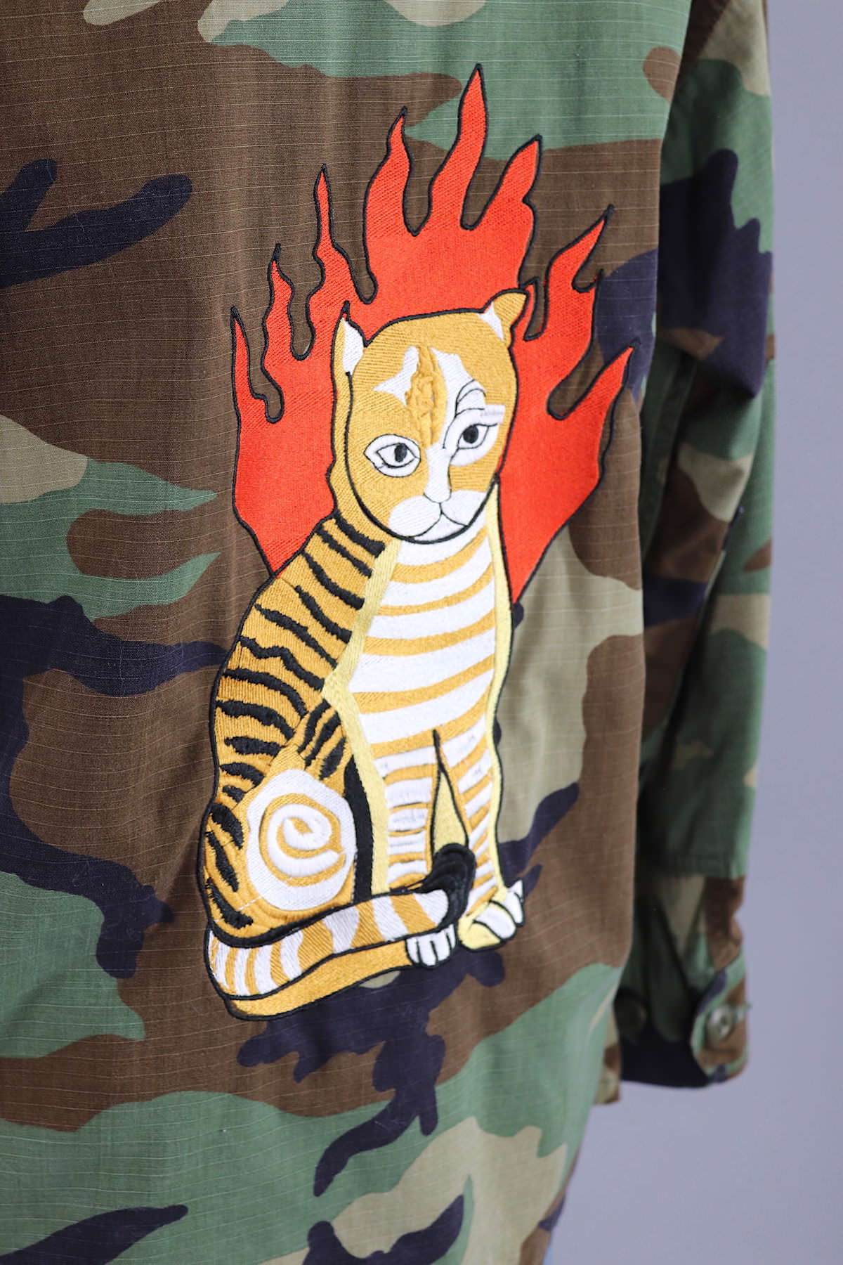 Flaming Cat Embroidered Camouflage Jacket-ThisBlueBird - Modern Vintage