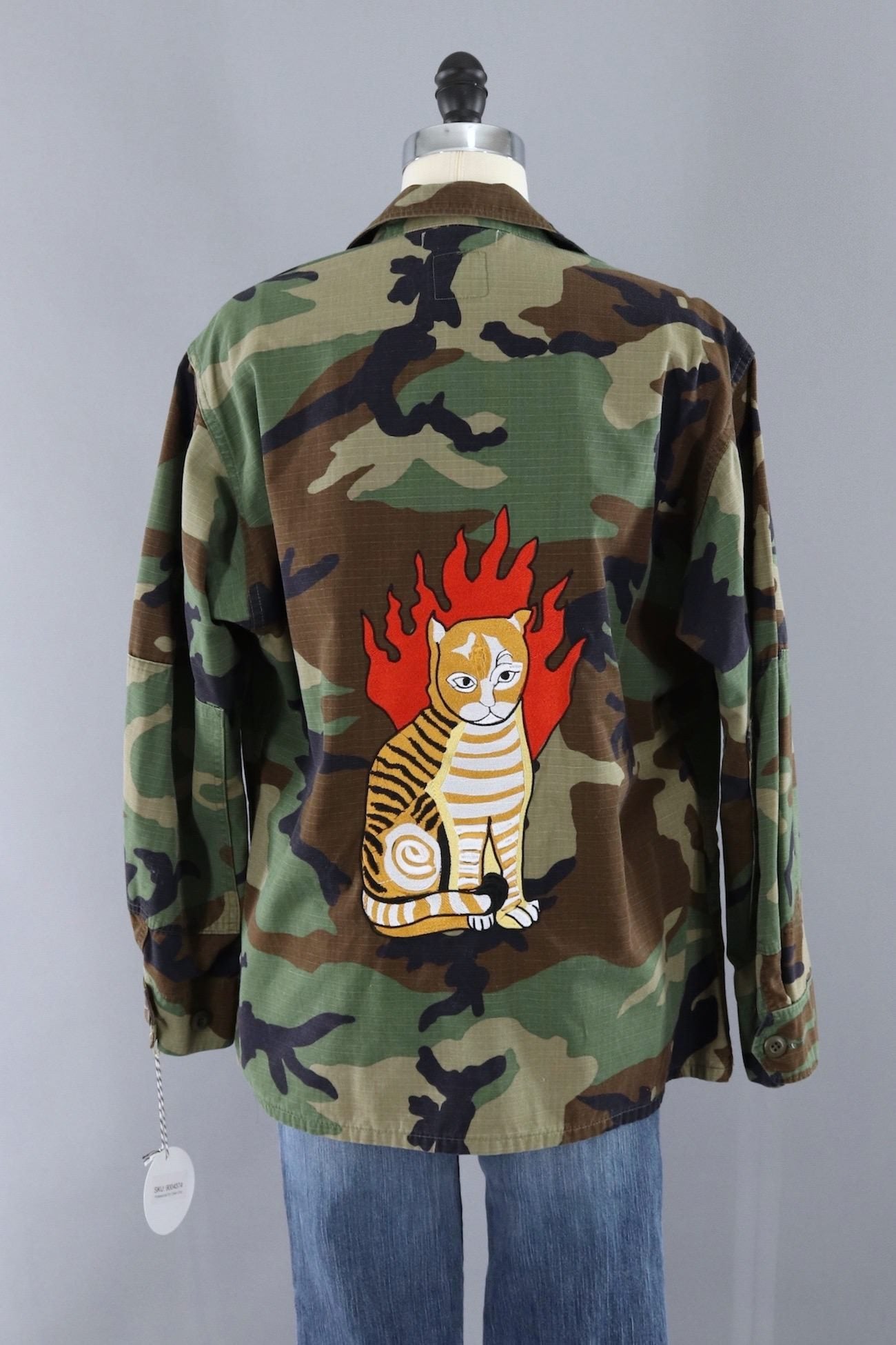 Flaming Cat Embroidered Camouflage Jacket-ThisBlueBird - Modern Vintage