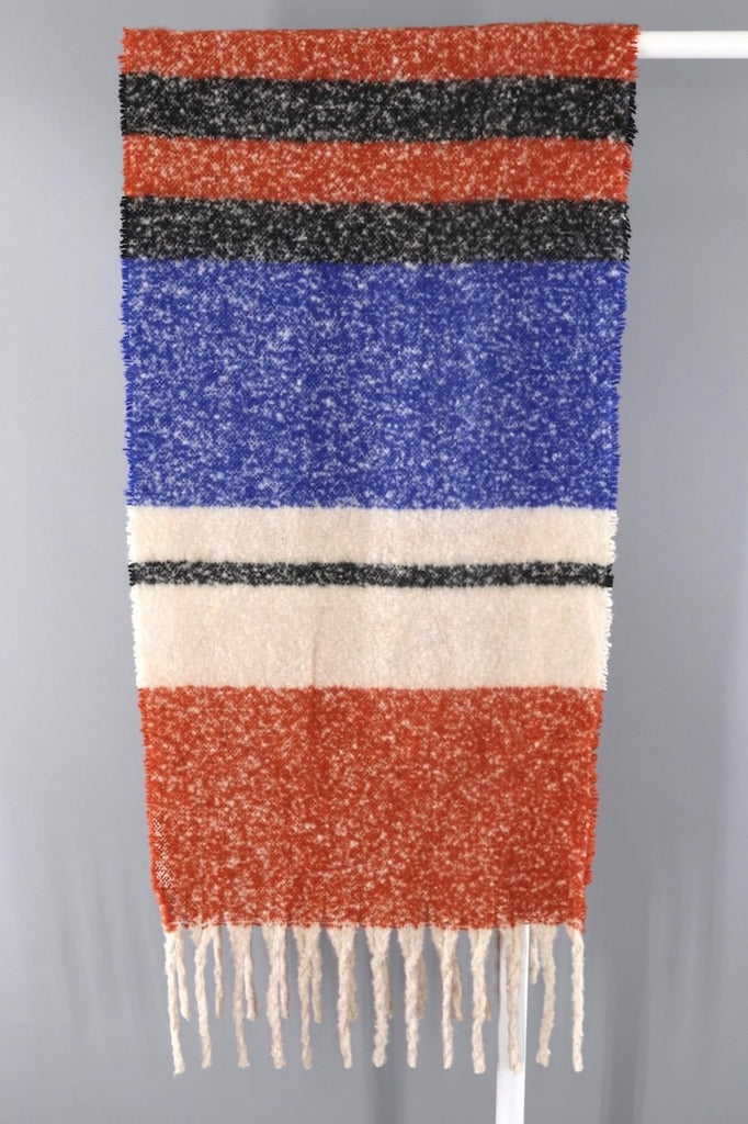 Fuzzy Fringed Shawl / Blue & Orange Stripes-ThisBlueBird - Modern Vintage