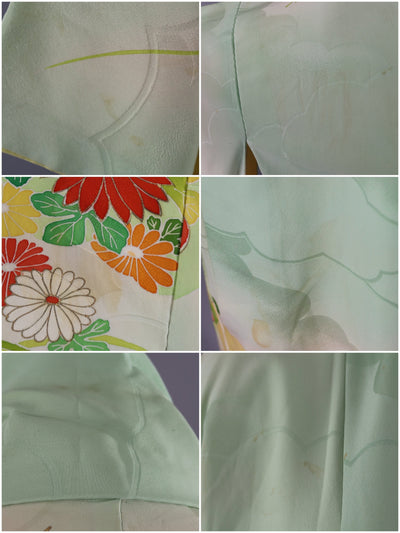 Vintage Silk Kimono Robe / Pastel Green & Orange Floral Print - ThisBlueBird