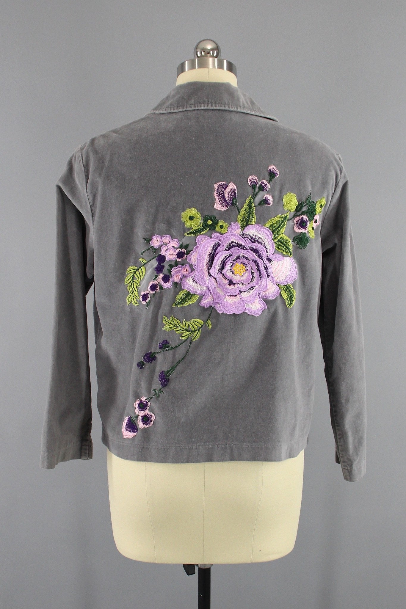Grey Velvet Embroidered Jacket with Lavender Purple Floral Embroidery - ThisBlueBird