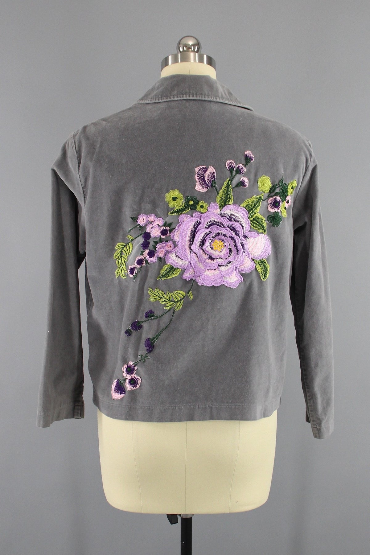 Grey Velvet Embroidered Jacket with Lavender Purple Floral Embroidery ...