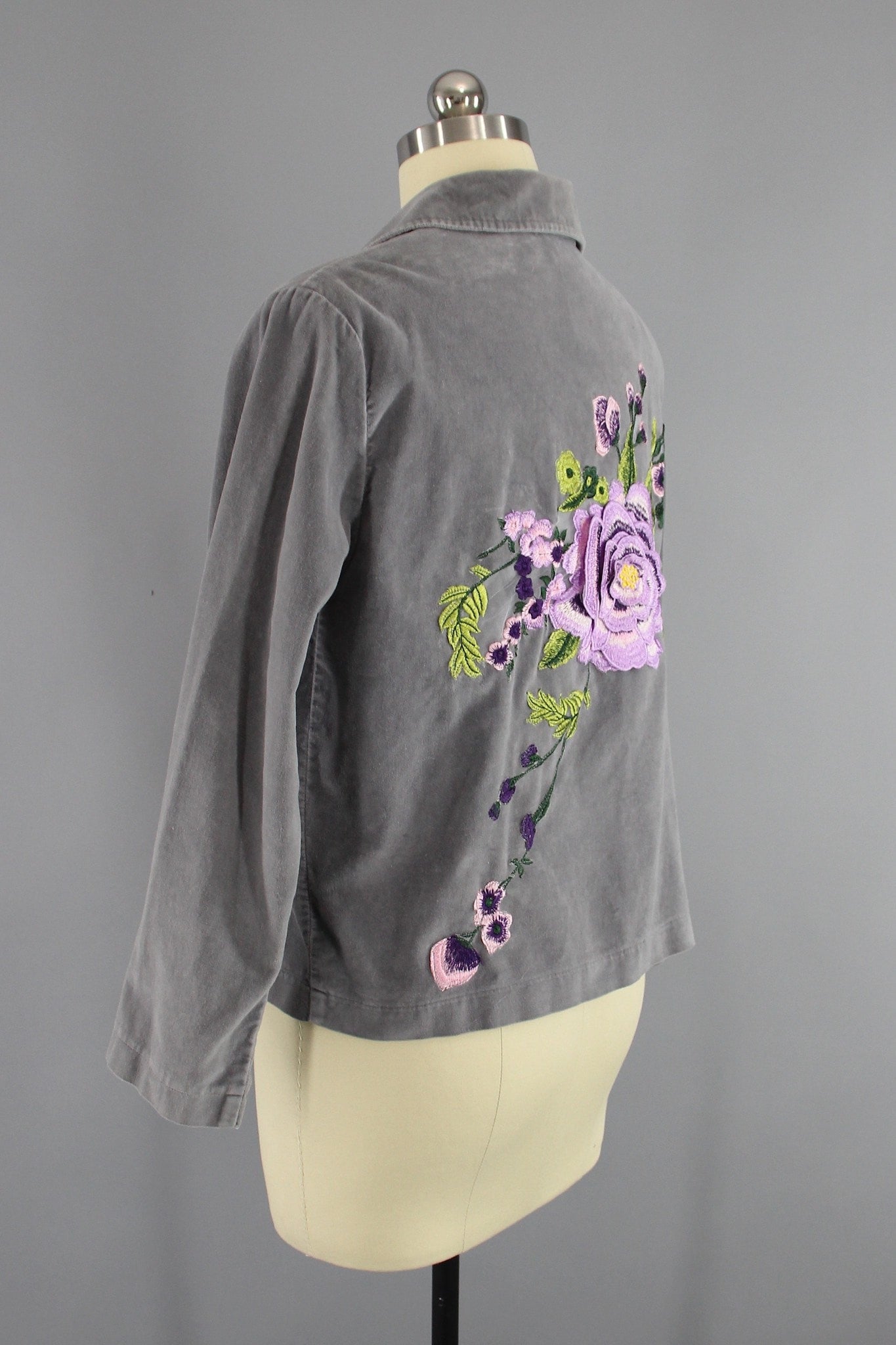 Grey Velvet Embroidered Jacket with Lavender Purple Floral Embroidery ...
