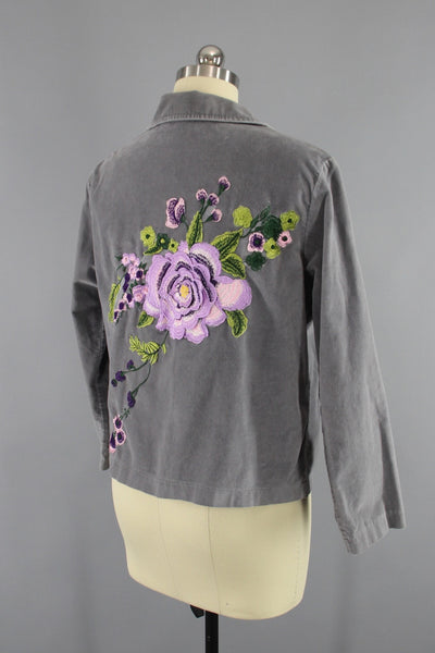 Grey Velvet Embroidered Jacket with Lavender Purple Floral Embroidery - ThisBlueBird